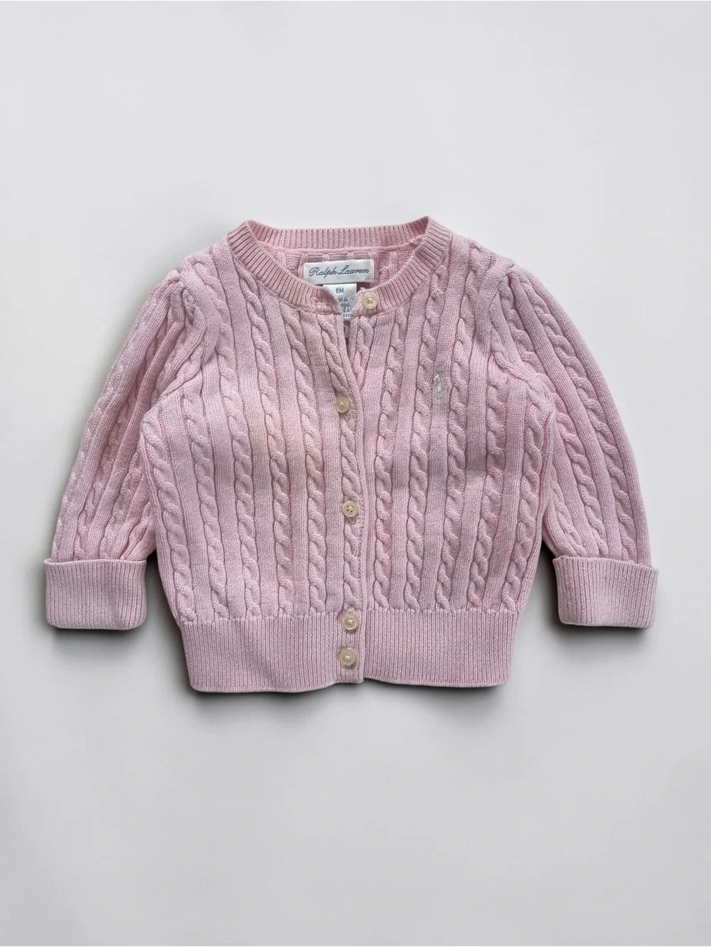 RALPH LAUREN EUC Classic Blush Pink Cable Knit Cardigan Sweater